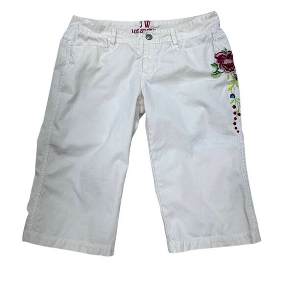 JW Los Angeles Short Capris Womens Size 4 White Low Rise Embroidered Floral Love - Picture 1 of 12